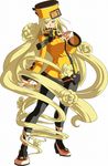  3d belt black_legwear blue_eyes fingerless_gloves flower gloves guilty_gear guilty_gear_xrd hair_flower hair_ornament hat high_heels highres long_hair millia_rage official_art orange_hat orange_skirt pantyhose prehensile_hair skirt solo textless very_long_hair 