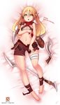  ankle_wrap bandages barefoot bed_sheet bounty_hunter_(dota) dakimakura defense_of_the_ancients dota_2 earrings english fang full_body genderswap genderswap_(mtf) highres jewelry personification pointy_ears rabbitbrush solo sword weapon 