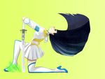  arched_back bakuzan black_hair boots dress epaulettes hair_flip high_heel_boots high_heels junketsu kill_la_kill kiryuuin_satsuki long_hair one_knee sheath sheathed solo sword thigh_boots thighhighs very_long_hair weapon yue_(tada_no_saboten) 