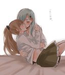  blue_eyes blush brown_hair closed_eyes green_hair hair_ornament hairclip jikasei kantai_collection kiss kumano_(kantai_collection) lying multiple_girls navel ponytail suzuya_(kantai_collection) sweatdrop translated yuri 