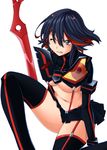  black_hair blue_eyes blush breasts crack damaged highres hozumi_takashi kill_la_kill large_breasts matoi_ryuuko multicolored_hair navel one_eye_closed one_knee red_hair revealing_clothes scissor_blade senketsu short_hair skirt suspenders sword thighhighs two-tone_hair underboob weapon wince 