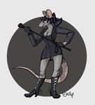  cleavage clothed clothing corset dominatrix fangs female hair high_heels jellybats leather mammal rat rodent simple_background smile solo spikes voluptuous whip 