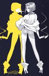  ankle_boots boots cigarette cowboy_bebop faye_valentine hairband hand_on_hip high_heels lips monochrome nose off_shoulder robert_porter short_hair short_shorts shorts signature silhouette sketch smoke smoking solo stiletto_heels suspenders thighhighs 