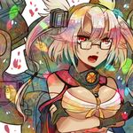  blonde_hair blush breasts budget_sarashi cannon dark_skin fingerless_gloves glasses gloves headgear itomugi-kun kantai_collection large_breasts musashi_(kantai_collection) open_mouth pointy_hair red_eyes sarashi short_hair solo turret two_side_up 