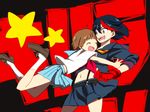  bad_id bad_pixiv_id blue_eyes blue_skirt closed_eyes glomp gloves hug iwashi_(msr_rgb) kill_la_kill mankanshoku_mako matoi_ryuuko midriff multicolored_hair multiple_girls navel school_uniform senketsu serafuku short_hair skirt smile star streaked_hair suspenders 