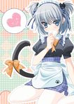  &gt;_&lt; :3 animal_ears apron bad_id bad_pixiv_id blue_eyes cat_ears cat_hair_ornament cat_tail closed_eyes hair_ornament hair_ribbon heart highres kazushima looking_at_viewer maid maid_apron maid_headdress original paw_print plaid ribbon silver_hair solo tail tail_ribbon twintails two_side_up 