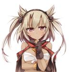  :&lt; bare_shoulders blonde_hair breasts budget_sarashi chin_stroking dark_skin fingerless_gloves frown glasses gloves headgear kantai_collection large_breasts looking_at_viewer moegi_nenene musashi_(kantai_collection) pointy_hair red_eyes sarashi simple_background solo sweatdrop thinking two_side_up 