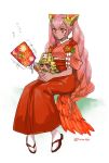  1girl character_doll dark_skin fire_emblem fire_emblem_heroes flower full_body hagoita hair_ornament highres japanese_clothes kimono laevateinn_(fire_emblem_heroes) long_hair nintendo paddle pink_hair sandals short_sleeves simple_background sitting solo surtr_(fire_emblem_heroes) tabi tnmrdgr twintails twitter_username white_background 