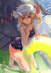  1girl blonde_hair darwinwu female flandre_scarlet hat hat_ribbon highres innertube kneeling mob_cap pixiv_manga_sample red_eyes resized ribbon school_swimsuit short_hair side_ponytail solo swimsuit thighhighs touhou water wet white_background wings 