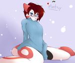  blue_eyes blush bottomless cat christmas clothed clothing cute eyewear feline female glasses hair holidays looking_at_viewer mammal mistletoe red_hair smile sock_the_fennec solo 
