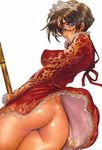  ass blue_eyes bottomless brown_hair chinese_clothes comic_anthurium cyril_brooklyn dress glasses gun highres lelouch_aberry looking_at_viewer looking_back maid_headdress no_panties open_mouth shiny shiny_skin shirou_masamune short_hair solo weapon 