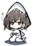  1girl blush brown_eyes brown_hair chibi commentary_request cosplay hanimaru_(h@nimaru) idolmaster kigurumi playing_games seiza sitting sunazuka_akira traditional_media translation_request twintails watercolor_(medium) white_background 