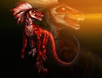  blowup_background claws dinosaur feathers feral markings open_mouth piopaulosantana primal_rage raptor red_scales scalie solo stripes talon talons teeth theropod unknown_artist 