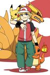  1boy baseball_hat blonde_hair blue_eyes charmander crossover ears jacket kurama_(naruto) naruto nintendo o96ap pikachu pokemon red_(pokemon) red_(pokemon)_(cosplay) seiyuu_connection shoes short_hair uzumaki_naruto 