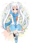  blue_eyes blush flower kazato_fuuchi long_hair looking_at_viewer original smile solo twintails v_arms very_long_hair white_hair 