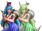  calligraphy_brush dual_persona ex-keine hokuto_no_ken horns ikami_(rockhardridefree) kamishirasawa_keine mamiya multiple_girls outline paintbrush parody pose ribbon scroll simple_background style_parody touhou white_background 