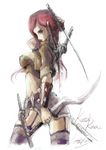  blade breasts character_name dated garter_belt green_eyes highres katana katarina_du_couteau knife large_breasts league_of_legends loiza long_hair red_hair scar short_shorts shorts signature simple_background solo sword very_long_hair weapon white_background 