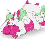  big_breasts breasts chubby dragon female fur green_hair hair hooves horn looking_at_viewer pink_eyes pink_scales tongue white_fur 
