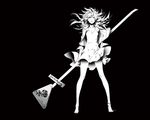  album_cover barefoot black_background breasts circle_name cleavage cover dress expressionless floating_hair full_body greyscale heart holding jacket long_hair looking_at_viewer medium_breasts miwa_shirou monochrome official_art original road_sign sign simple_background skirt skirt_lift solo standing supercell 