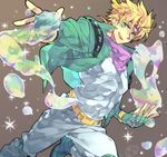  bandana belt blonde_hair bubble caesar_anthonio_zeppeli feathers fingerless_gloves gloves green_eyes jacket jojo_no_kimyou_na_bouken male_focus solo sparkle star toujou_sakana 