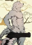  blue_eyes blush canine convenient_censorship disembodied_hand gs gs_(pixiv) gun human kemono male mammal muscles nervous nude pistol ranged_weapon solo weapon wolf 