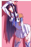  banchii black_hair blue_eyes breasts epaulettes hair_over_one_eye junketsu kill_la_kill kiryuuin_satsuki leaning_forward long_hair long_sleeves medium_breasts school_uniform shaded_face thighhighs 