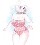  1girl blue_eyes bob_cut breasts butterfly cowboy_shot dskn huge_breasts looking_at_viewer one-piece_swimsuit plump polka_dot polka_dot_swimsuit solo swimsuit white_hair 