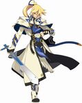  3d blonde_hair blue_eyes capelet fingerless_gloves gloves guilty_gear guilty_gear_xrd hand_on_hilt highres ky_kiske long_coat long_hair male_focus official_art ponytail scabbard sheath sheathed solo sword textless weapon 