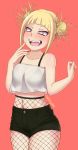  10s 1girl bare_arms bare_shoulders blonde_hair blush boku_no_hero_academia bra collarbone curvy double_bun fangs fishnets glitchynpc happy hips looking_at_viewer matching_hair/eyes medium_hair midriff navel open_mouth short_shorts shorts simple_background smile solo standing strapless teeth thick_thighs thighs toga_himiko tongue tubetop underwear wide_hips yellow_eyes 