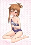  barefoot blush brown_hair errant folded_ponytail inazuma_(kantai_collection) kantai_collection looking_at_viewer navel one-piece_swimsuit one_eye_closed open_mouth school_swimsuit sidelocks sitting solo swimsuit tears torn_clothes torn_swimsuit wavy_mouth wince yellow_eyes yokozuwari 