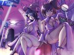  2girls bandage blue_eyes candy chinese_dress cleavage eyepatch harihisa hat lollipop purple_hair witch_hat 