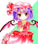  arm_behind_back ascot bat_wings bow brooch hat hat_ribbon index_finger_raised jewelry lavender_hair looking_at_viewer mob_cap red_eyes remilia_scarlet ribbon shairoze_teitoku short_hair simple_background skirt skirt_set smile solo touhou two-tone_background wings wrist_cuffs 