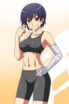  abs bakemonogatari bandaged_arm bandages bike_shorts black_hair breasts brown_eyes cameltoe covered_nipples goriate gradient gradient_background grin kanbaru_suruga medium_breasts midriff monogatari_(series) short_hair silhouette smile solo sports_bra 