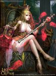 blonde_hair book braid breasts cleavage crossed_legs crown green_eyes high_heels jewelry large_breasts legend_of_the_cryptids lips long_hair magic necklace official_art scepter shadowgrave sitting skull solo throne 
