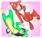  2girls asui_tsuyu barefoot black_eyes boku_no_hero_academia border brown_eyes brown_hair closed_mouth feet full_body glitchynpc green_hair long_hair long_sleeves looking_at_another matching_hair/eyes medium_hair multiple_girls onesie open_mouth pajamas pink_background smile soles toes tongue upper_teeth uraraka_ochako white_border 