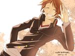  a1_(orii_eichi) bad_id bad_pixiv_id brown_hair closed_eyes dated grin hanamura_yousuke happy_birthday headphones headphones_around_neck male_focus persona persona_4 school_uniform smile solo waving 