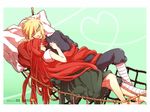  1girl barefoot blonde_hair couple dated hammock heart kotoba_yui long_hair namikaze_minato naruto naruto_(series) naruto_shippuuden red_hair sleeping smile uzumaki_kushina very_long_hair 