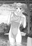  breasts covered_nipples covering fingernails greyscale hanabusu_arisu highres kagosaka_mahiro large_breasts lipstick looking_at_viewer makeup monochrome my_doll_house newhalf nude nude_cover smile solo standing towel wading yui_toshiki 