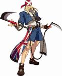  3d axl_low bandana belt blonde_hair blue_eyes chain denim fingerless_gloves gloves guilty_gear guilty_gear_xrd highres jacket jeans kusarigama long_hair official_art one_eye_closed pants shorts sickle textless union_jack weapon x zipper 