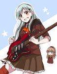  blue_eyes blush brown_hair chibi electric_guitar green_eyes green_hair grin guitar hair_ornament hairclip instrument jikasei kantai_collection kumano_(kantai_collection) looking_at_viewer multiple_girls open_mouth plectrum ponytail sleeves_rolled_up smile star staring suzuya_(kantai_collection) sweatdrop thighhighs whammy_bar 