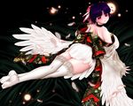  1girl angel angel_wings bare_shoulders chichi_kurage_ss collar feathers female hair_ornament japanese_clothes legwear looking_back purple_hair red_eyes short_hair skirt solo thighhighs white_legwear white_thighhighs white_wings wings 