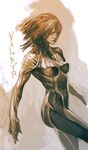  bodysuit breasts character_name covered_nipples highres ikeda_masateru lips long_hair medium_breasts monochrome valkyr_(warframe) warframe 