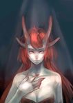  absurdres bare_shoulders breasts cleavage fingernails highres horns large_breasts long_fingernails long_hair looking_at_viewer original red_hair solo upper_body yellow_eyes yfy 