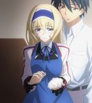  1girl apron belt belt_buckle black_hair blonde_hair blue_apron blue_eyes blue_hairband blue_neckwear blue_ribbon blush brown_eyes buckle cecilia_alcott collared_shirt couple dress eyebrows_visible_through_hair food grey_pants hairband headband highres holding holding_food indoors infinite_stratos infinite_stratos_academy_uniform lolita_hairband long_hair long_sleeves neck_ribbon onigiri orimura_ichika pants ribbon school_uniform screencap shirt white_dress white_shirt 