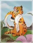  ambiguous_gender blue_eyes cloud cute feline female feral fern flat_chested flower forest fur llacky mammal smile striped_fur tiger tigres tree young 