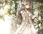  bracelet bug butterfly collarbone dress fence flower grey_eyes grey_hair hagiwara_rin hair_flower hair_ornament insect jewelry long_hair looking_at_viewer original solo very_long_hair wavy_hair white_dress 