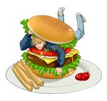  bad_id bad_pixiv_id blonde_hair blue_eyes blue_jacket bomber_jacket food french_fries hamburger jacket keith_goodman ketchup male_focus shoes sneakers solo tiger_&amp;_bunny v-room 
