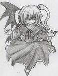  asymmetrical_wings capelet dress flying full_body hair_bobbles hair_ornament kouma_bonmaid long_sleeves looking_at_viewer monochrome ribbon shaded_face shinki side_ponytail single_wing touhou touhou_(pc-98) wings 