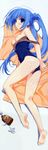  :o absurdres antenna_hair barefoot between_legs blue_eyes blue_hair blush breasts breasts_outside censored dakimakura feet full_body hand_between_legs highres huge_filesize legs lotion lying medium_breasts nipples off_shoulder on_side one-piece_swimsuit ponytail pussy r_g_b scan school_swimsuit shiki_ai soles solo suggestive_fluid suzuhira_hiro swimsuit swimsuit_pull towel undressing 