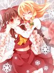  blonde_hair blush bow braid brown_hair detached_sleeves hair_bow hair_tubes hakurei_reimu hand_on_own_cheek kirisame_marisa mogu_(au1127) multiple_girls navel red_eyes scarf side_braid smile snowflakes touhou yuri 